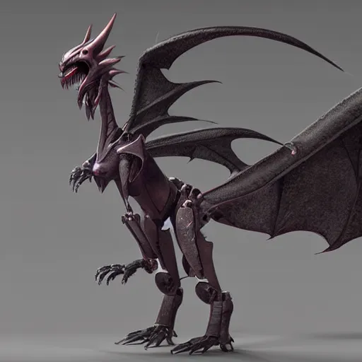 Image similar to cute anthropomorphic female robot dragon doing an elegant pose, with two big epic wings behind her, two arms that have sharp claws, two legs, a human skull under one foot, a long tail; high quality digital art, artstation, unreal engine HD render, deviantart, furaffinity