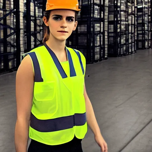 Image similar to photo, close up, emma watson in a hi vis vest, in warehouse, 2 0 0 8 android cameraphone, instagram photo, 2 6 mm,