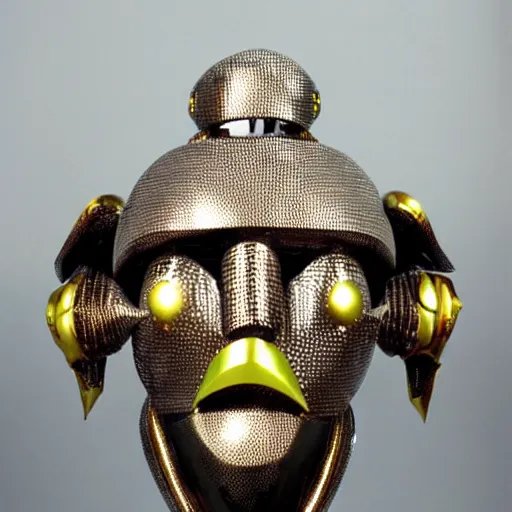 Prompt: futuristic robots with a metallic tribal African mask by michelangelo