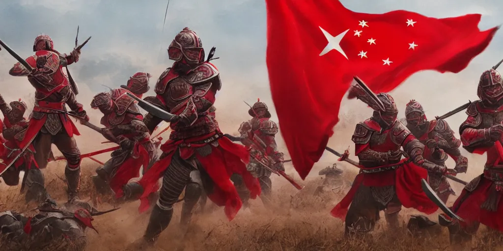 Image similar to mid shot cinematic artwork of an ancient Chinese army wearing red armor and holding red flags on the battlefield by greg rutowski, masterpiece, 4k