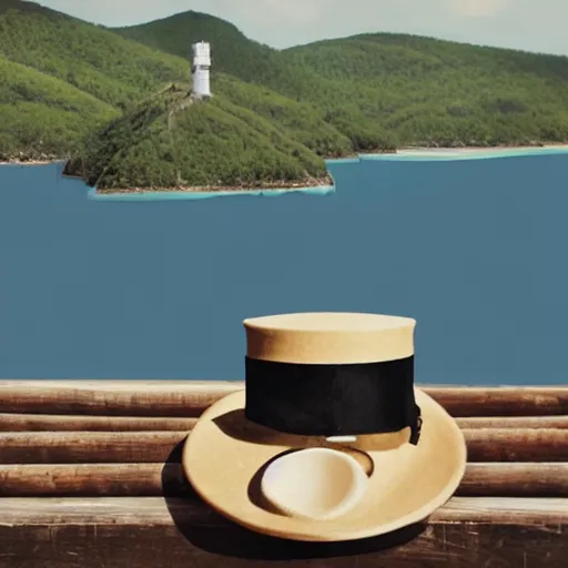 Prompt: a toilet filled with kitchen utensils wearing a tophat, on an island, view from front