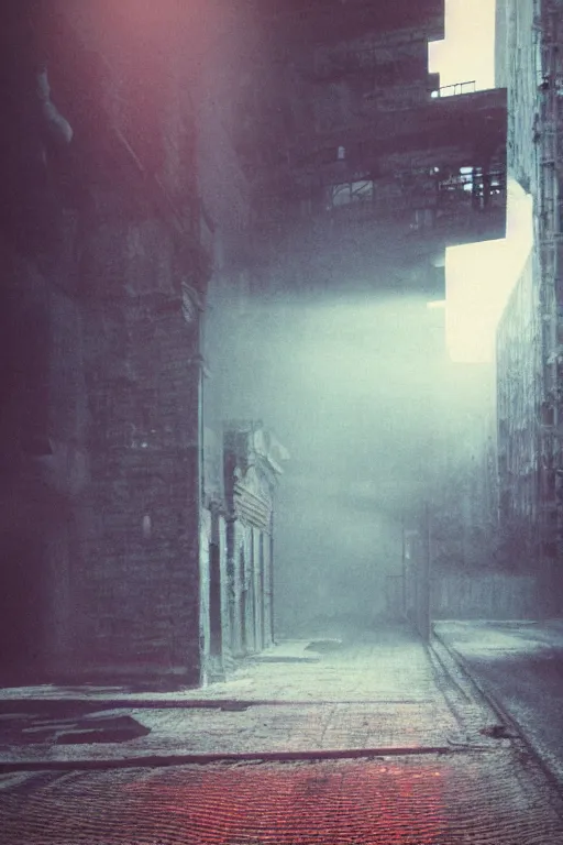 Prompt: weathered analog photo of an abandoned city block, russian architecture, concrete, azure tones, fog, mist, lensflare, neon lights, red lasers, depth of field, color bleed, heavy film grain