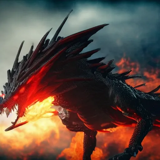 Image similar to a black dragon with red eyes, and flaming fire out his mouth, flying through the sky, above new york city. Unreal Engine, Cinematic, 8K hyperrealistic, live-action.