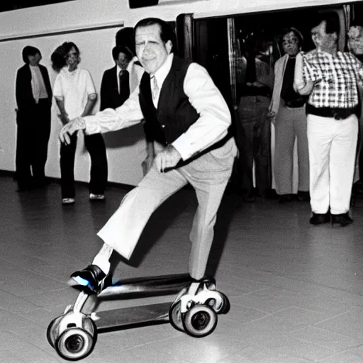 Prompt: President Nixon roller-skating in a Mexican restaurant, award-winning front-page newspaper photo, grainy, 1970s