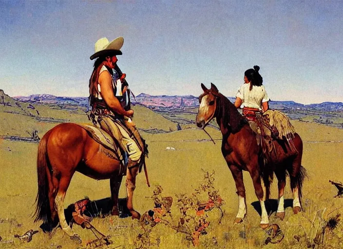 Prompt: western painting, native american sitting on horse on top of hill, wide angle, by norman rockwell