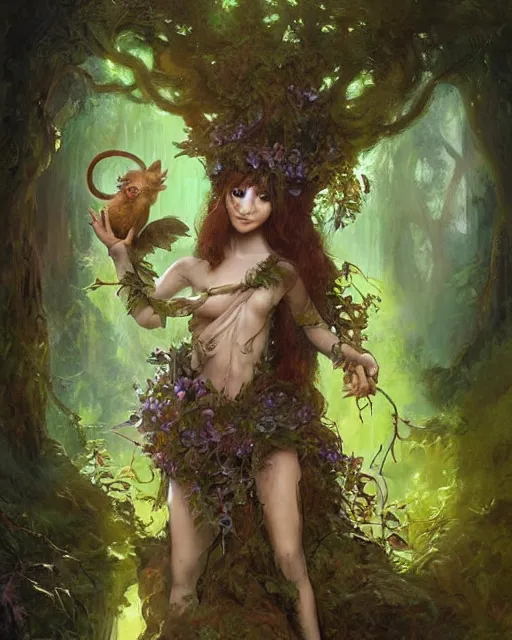 Prompt: portrait character design painting, dryad musician inspired by brian froud, portrait, accompanied by a cute feathered mouse, studio lighting by jessica rossier and brian froud and gaston bussiere