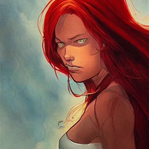 Image similar to a beautiful comic artwork by Jerome Opeña of a woman with red hair coming out of a lake at night, featured on artstation