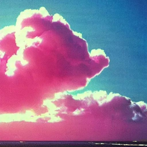 Image similar to 8 0 s new age album cover depicting a fluffy pink cloud in the shape of baby back ribs, very peaceful mood