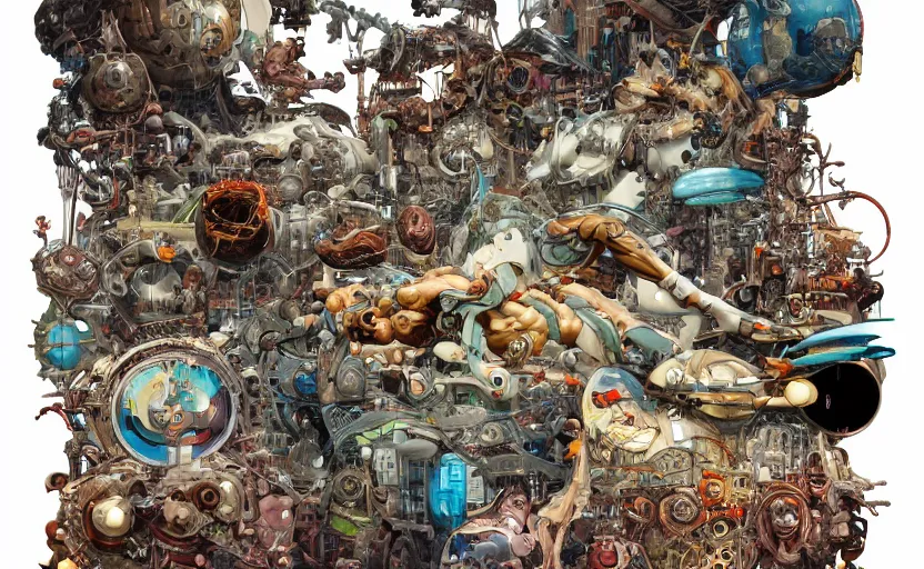 Image similar to anatomically correct innards and muscles and futuristic machine parts with retro scifi interface screens by Peter Mohrbacher, by Katsuya Terada, by Paul Pope, by Roger Dean, by Kim Jung Gi, by Frank Frazetta, by Katsuhiro Otomo, by Mike Mignola, cyberpunk color scheme, some esoteric elements