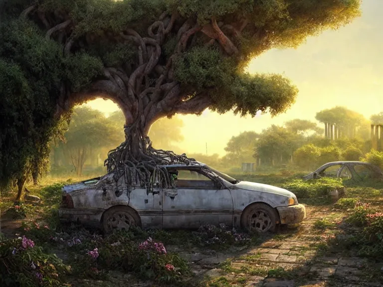 Image similar to a tree growing on a scrap car in ancient greek ruins, gray wasteland, many scrap cars, overgrown, pillars and arches, colorful flowers, vines, hyperrealistic, highly detailed, cinematic, ray of golden sunlight, beautiful, cgsociety, artstation, 8 k, oil painting by greg rutkowski, by artgerm, by wlop