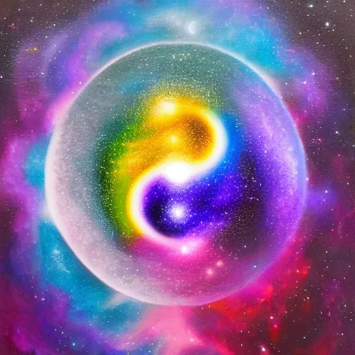 Image similar to a yinyang symbol as a nebula, hyper - detailed oil painting, mystical, magical, implosion, realistic, 4 k,