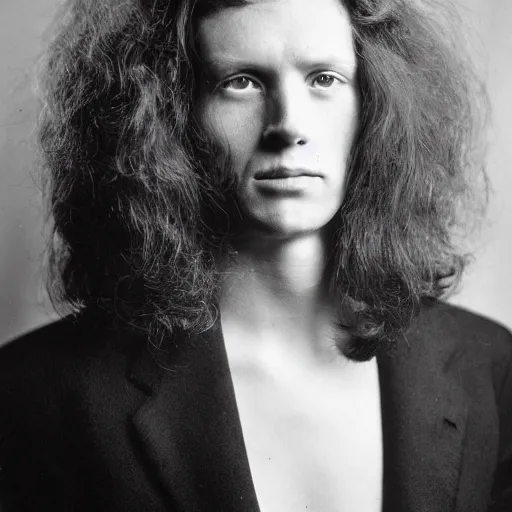 Prompt: wide-angle portrait of a typical person with waist-length incredible hair by Richard Avedon, gelatin silver finish, nd4, 85mm, perfect location lighting