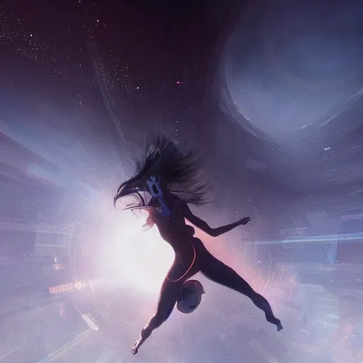 Image similar to Dancing on the ring of a blackhole, by Cedric Peyravernay, highly detailed, excellent composition, cinematic concept art, dramatic lighting, trending on ArtStation