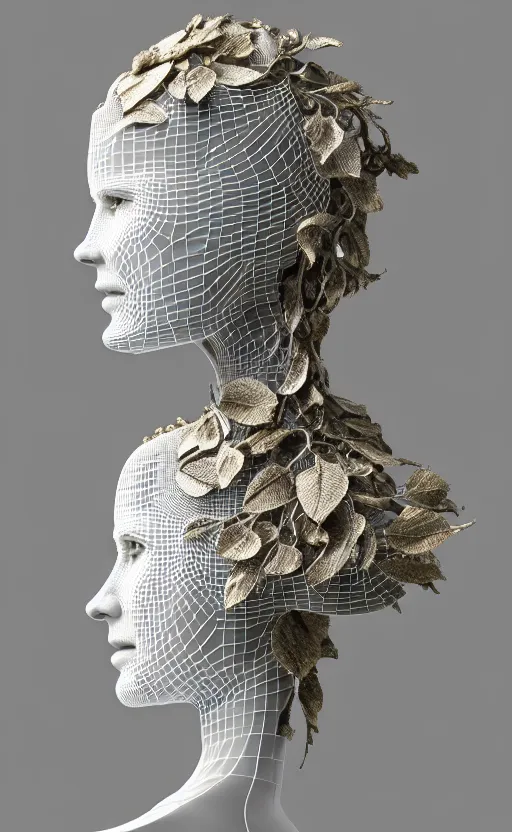 Image similar to complex 3d render of a beautiful porcelain profile woman face, vegetal dragon cyborg, 150 mm, beautiful natural soft light, rim light, silver gold details, magnolia leaves and stems, roots, fine lace, maze like, mandelbot fractal, anatomical, facial muscles, cable wires, microchip, elegant, highly detailed, white metallic armour, octane render, black and white, H.R. Giger style