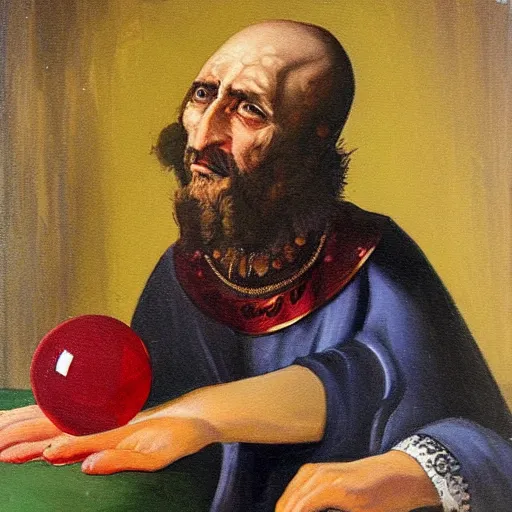 Prompt: painting by remus grecu, of fortune teller with crystal ball, and wealthy customer