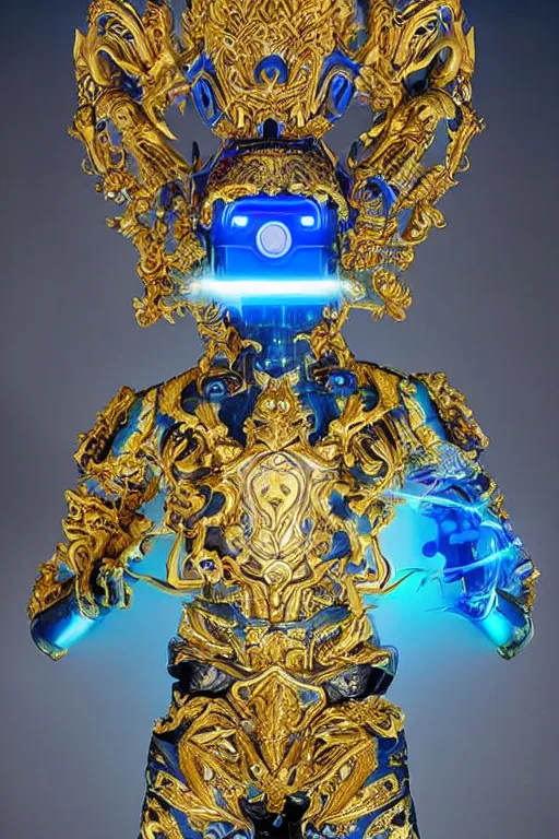 Prompt: full-body sculpture of a young handsome Latino prince as a half cibernetic android with a glowing blue battery in his chest, white laser beam coming out of his eyes, crown of giant diamonds, flowing neon-colored silk, fabric, raptors, in a cyperbunk and baroque style. baroque elements. full-length view. baroque element. intricate artwork by caravaggio. many many birds birds on background. Trending on artstation, octane render, cinematic lighting from the right, hyper realism, octane render, 8k, depth of field, 3D