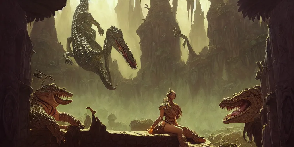 Image similar to crocodile lair priestess ceremony, deep focus, d & d, fantasy, intricate, elegant, highly detailed, digital painting, artstation, concept art, matte, sharp focus, illustration, hearthstone, art by artgerm and greg rutkowski and alphonse mucha