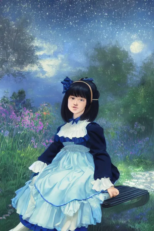 Image similar to a beautiful hyperdetailed portrait render of black - haired little girl in a blue lolita dress with stars and petticoat sitting on a bench in a botanical garden, atmospheric lighting, style of makoto shinkai, raphael lacoste