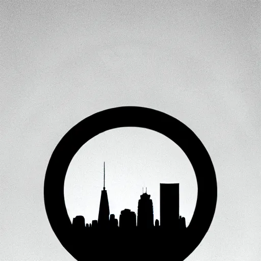 Image similar to a perfect circle, around the outer edge of the circle is the silhouette of a city skyline, inside the circle is empty, black and white, minimalist, in the style of a line drawing