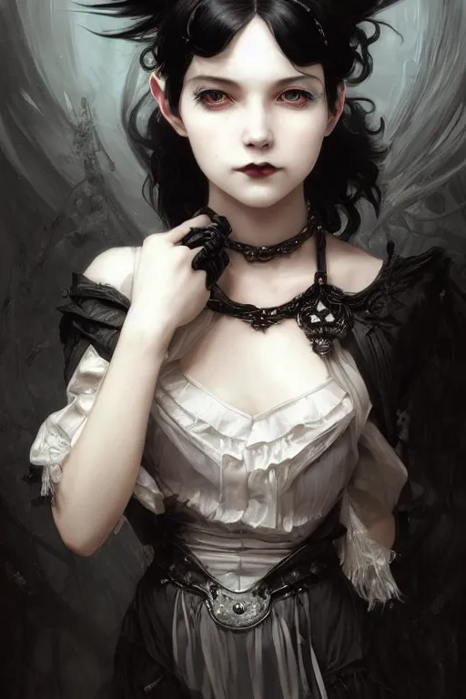 Image similar to portrait of radical lolita girl, dreamy and ethereal and dark, black eyes, silver short hair, smiling expression, ornate goth dress, dark fantasy, chaotic, elegant, black crows flying, highly detailed, digital painting, artstation, concept art, smooth, sharp focus, illustration, art by artgerm and greg rutkowski and alphonse mucha