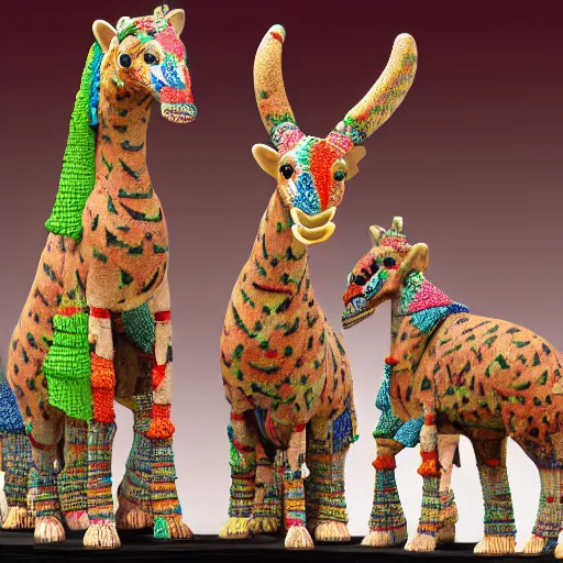 Prompt: realistic ceramic giraffe sitting on top of a table, egyptian art by luca della robbia, featured on zbrush central, mingei, made of beads and yarn, sharp details, colorful hues, made of wrought iron, made of insects