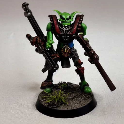 Prompt: warhammer 4 0 k kroot warrior holding a long rifle with a bird of prey perched on it, product photo