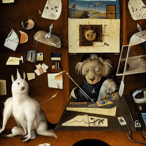 Prompt: anthropomorphic animals working in a cluttered office space by hieronymus bosch, ultra detailed, highly detailed, 8 k, trending on artstation, award - winning art,