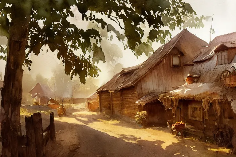 Prompt: watercolor painting of rustic village street at finland country side, straw roof, ambient lighting and shadows, fog, art by hans dahl, by jesper ejsing, art by anders zorn, wonderful masterpiece by greg rutkowski, cinematic light, american romanticism by greg manchess, creation by tyler edlin