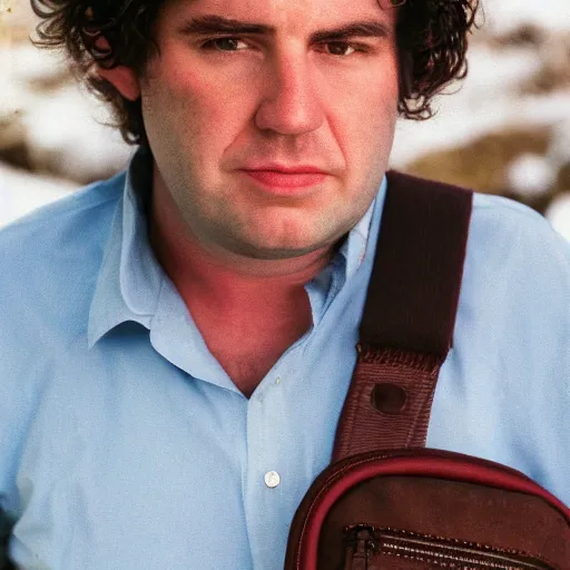 Image similar to close up headshot of a frowning clean shaven pudgy British lad with short curly dark brown hair as a hobbit wearing a white men's crossbody sling chest bag and blue vest, blue vest!! white crossbody chestbag!! high resolution film still, by Pamela Hanson