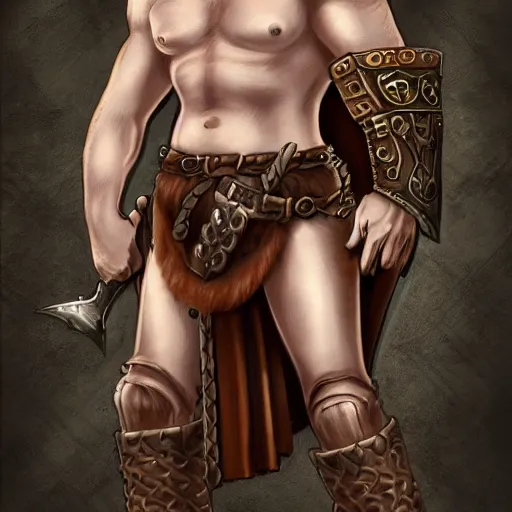 Image similar to ginger viking with flowing long wavy hair in leather armor, very pale, very hairy chest, bare chest, very thick legs, bare legs, husky body type, very muscular, very tall, full body picture, fantasy, dungeons and dragons, detailed digital art, 4 k