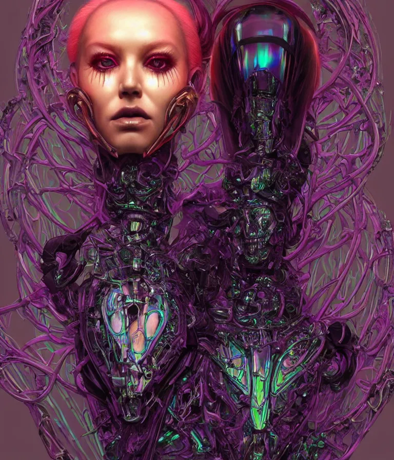 Prompt: fully symmetrical centered iridescent portrait of a beautiful princess demon in robe. skulls artificial muscles, ribcage, bones, hard surface modelling. cyberpunk look. biomechanical mask. bio luminescent biomechanical halo around head. neon jellyfish. artwork by jarold Sng by artgerm, by Eddie Mendoza, by Peter mohrbacher by tooth wu, by beeple, unreal engine, octane render, cinematic light, high details, iridescent colors, dichroic, macro, depth of field, blur