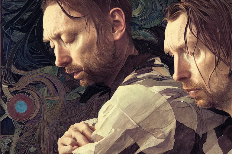 Image similar to hyper realistic portrait of thom yorke singer songwriter, side, liminal space, by lee bermejo, alphonse mucha and greg rutkowski