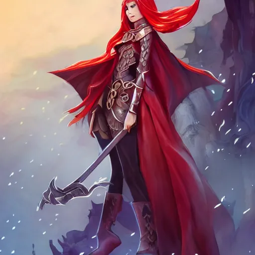 Image similar to a female elven cleric with red long hair, very good beautiful heavy scale armor, wearing a cape, casting a fire spell, dungeon background, magical, bright, colorful, fantastic lighting, amazing details, 4 k uhd, illustration by stephanie brown and makoto shinkai and ilya kuvshinov, artstation, pixiv, concept art,