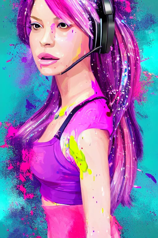 Image similar to a award winning half body portrait of a beautiful woman in a croptop and cargo pants with ombre purple pink teal hairstyle with head in motion and hair flying listenin to music on headphones by wlop, paint splashes and splatter, outrun, vaporware, shaded flat illustration, digital art, trending on artstation, highly detailed, fine detail, intricate