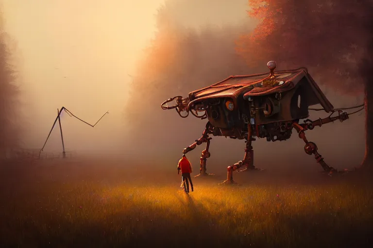 Image similar to a walking magic house with two mechanical legs, rust, hyperrealistic, highly detailed, cinematic, single ray of sun, fog, beautiful, cgssociety, artstation, 8 k, oil painting