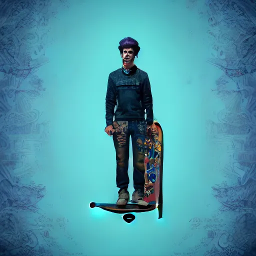 Prompt: beautiful symmetrical boy on a skateboard surrounded by machine axonometric fantasy intricate elegant highly detailed in volumetric turquoise steampunk, high contrast cinematic light, mystical shadows, octane render, photographic, unreal engine 8 k