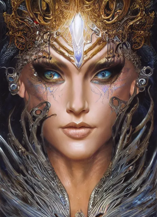 Prompt: a highly detailed airbrush painting of an evil female fantasy sorceress with piercing beautiful eyes, art by karol bak and mark brooks and donato giancola and bayard wu, 4 k, 4 0 9 6, hires, focus