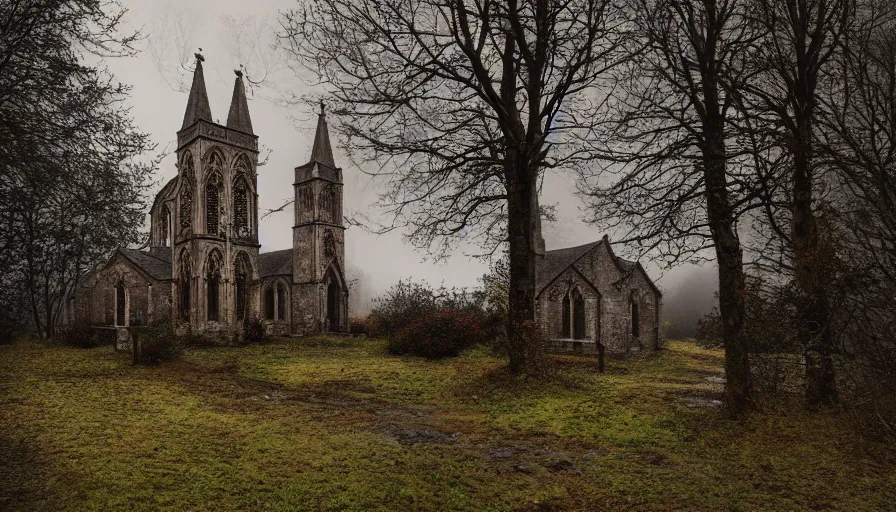 Prompt: church built in an english village, rainy day, rusty cross, muddy road, forest, grey sky, hyperdetailed, artstation, cgsociety, 8 k