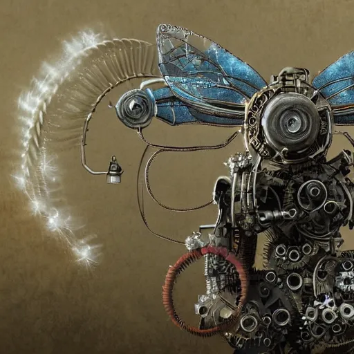 Prompt: portrait of a mechanical fairy with fairy wings, gears, wire and cables, very detailed, very realistic, in the style of Craig Mullins and James Gurney, 4k