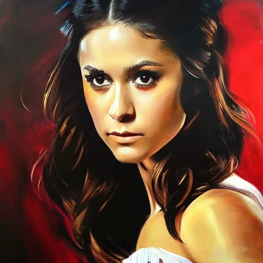 Prompt: ultra realistic portrait painting of nina dobrev wearing a dirndl in west side story, art by frank frazetta, 4 k, ultra realistic, highly detailed, epic lighting.
