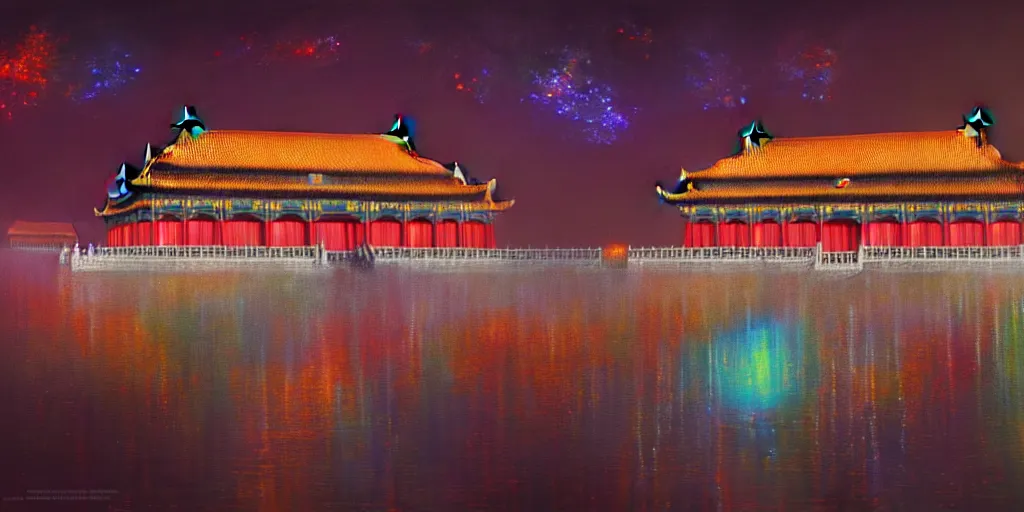Prompt: A realistic painting of Forbidden City by Neon Light. Cyberpunk Impressionism, in the style of Esao Andrews, Prismatic, Pearlescent, reflective, shimmering, highly detailed, masterpiece, dreamy, concept art, Cinematic lighting, 8k, trending on artstation