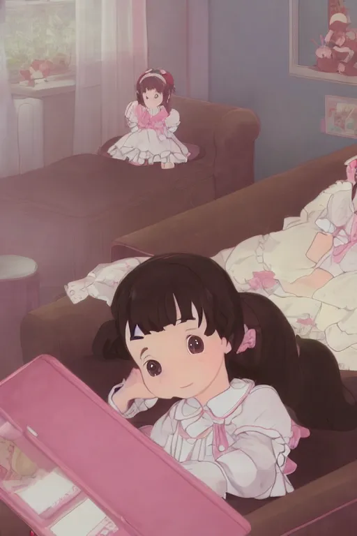 Image similar to a little girl in a maid outfit with dark brown hair in her pink bedroom on a princess sofa with stuffed animals programming on a laptop with a black screen, detailed eyes, 4 k resolution by krenz cushart and akihito yoshida and makoto shinkai