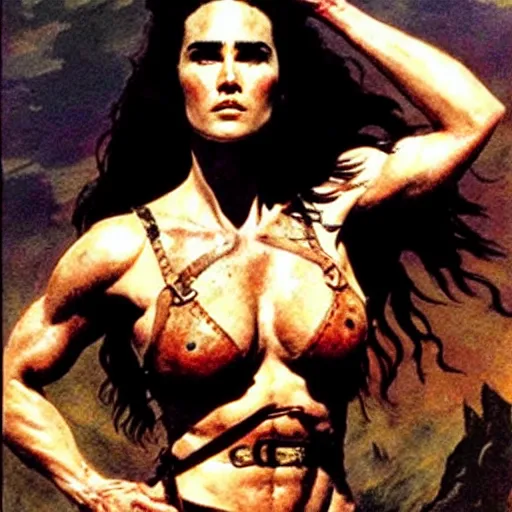 Prompt: jennifer connelly as a warrior maiden by frank frazetta