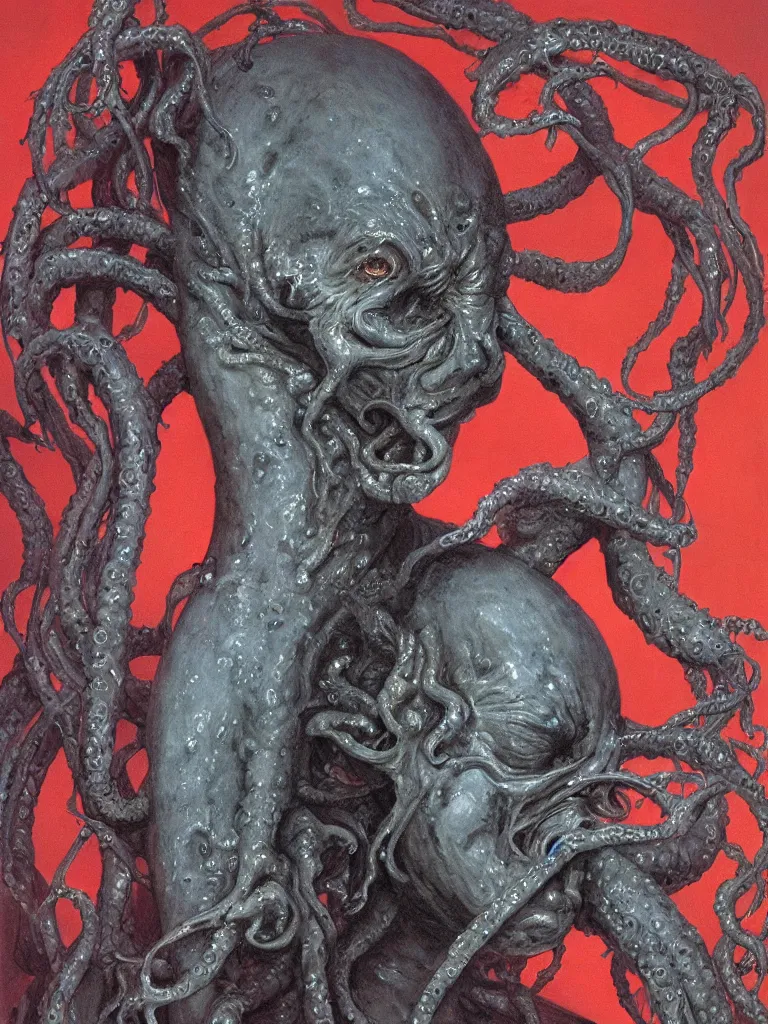 Image similar to painting by wayne barlowe of a flying sorrowful looking severed human head with tears running down it's eyes, face that is chalk white in color, with long sprawling white tentacles stemming down it's neck, fiery scorching red eyes, flying in a terrying hellish dark cavernous place