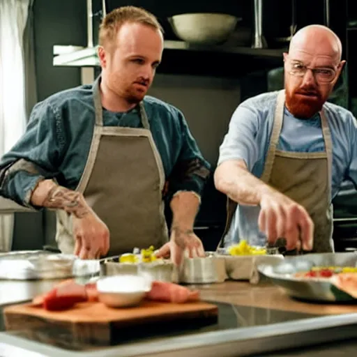 Prompt: jesse pinkman and walter white cooking food in a regular kitchen -n 4 -i
