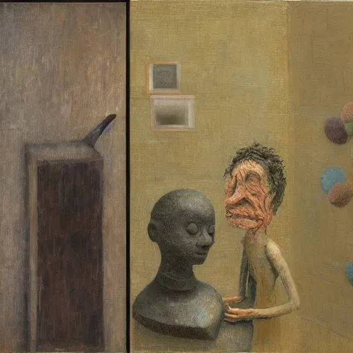 Prompt: a detailed, impasto painting by shaun tan and louise bourgeois of an abstract forgotten sculpture by ivan seal and the caretaker ( 1 8 9 0 )