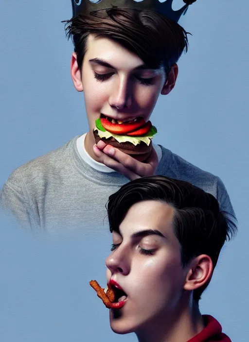 Image similar to portrait of teenage jughead jones wearing a light grey crown, crown, eating hamburger, eyes closed, crown, black hair, intricate, elegant, glowing lights, warm lighting, highly detailed, digital painting, artstation, concept art, smooth, sharp focus, illustration, art by wlop, mars ravelo and greg rutkowski