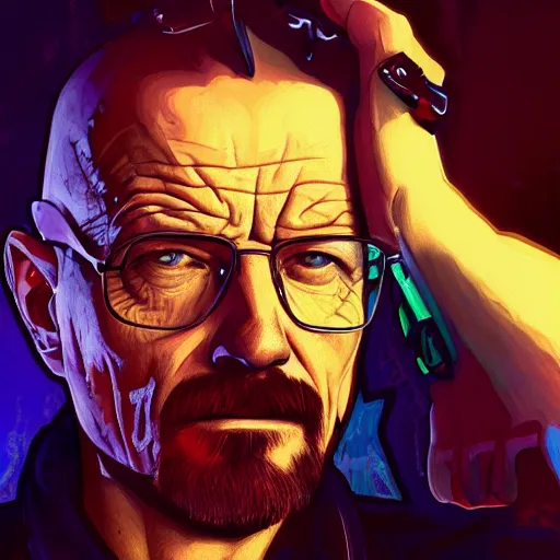 Prompt: high quality illustration, walter white realistic portrait, cyberpunk, alphonse mucha, riot game, beautiful, epic camera, alexandre bourlet, colorful background, arcane, lois van baarle, league of legend, digital painting, james jean, dynamic colors, greg rutkuwsky, artstation, concept art, neon