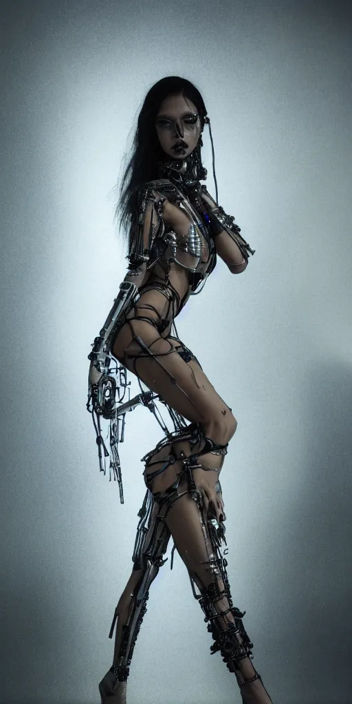 Image similar to hyperrealistic futuristic high fashion photography, girl in studio, full body, cybernetic parts by luis royo, asian, vogue magazine, nomad masterpiece, nano parts, neon lights, smoke, eerie music, beautiful intricate face and flawless skin, tribal jewelry, tattoos, perfect hands, head piece, by Edgar Maxence and Ross Tran and Michael Whelan, 8k, octane render