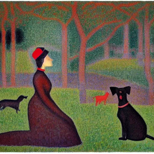 Prompt: a woman and her black and brown chihuahua in a park by georges seurat